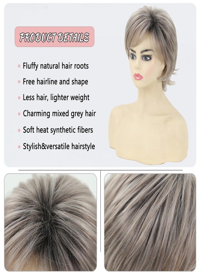 TISHINING Pixie Cut Short Ombre Gray Curly Wigs for White Women Fluffy Layered Mixed Grey Wig with Bangs Natural Looking Synthetic Daily Party Wig - Image 2